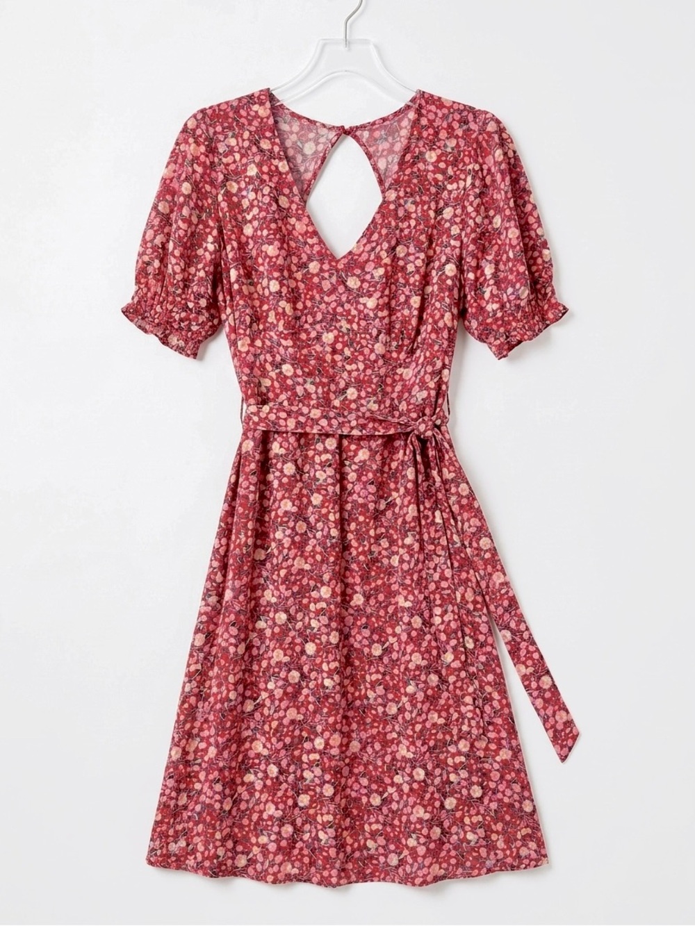 Luxology Floral A-Line Dress Large Women’s Red Puff Sleeve Boho Keyhole Back